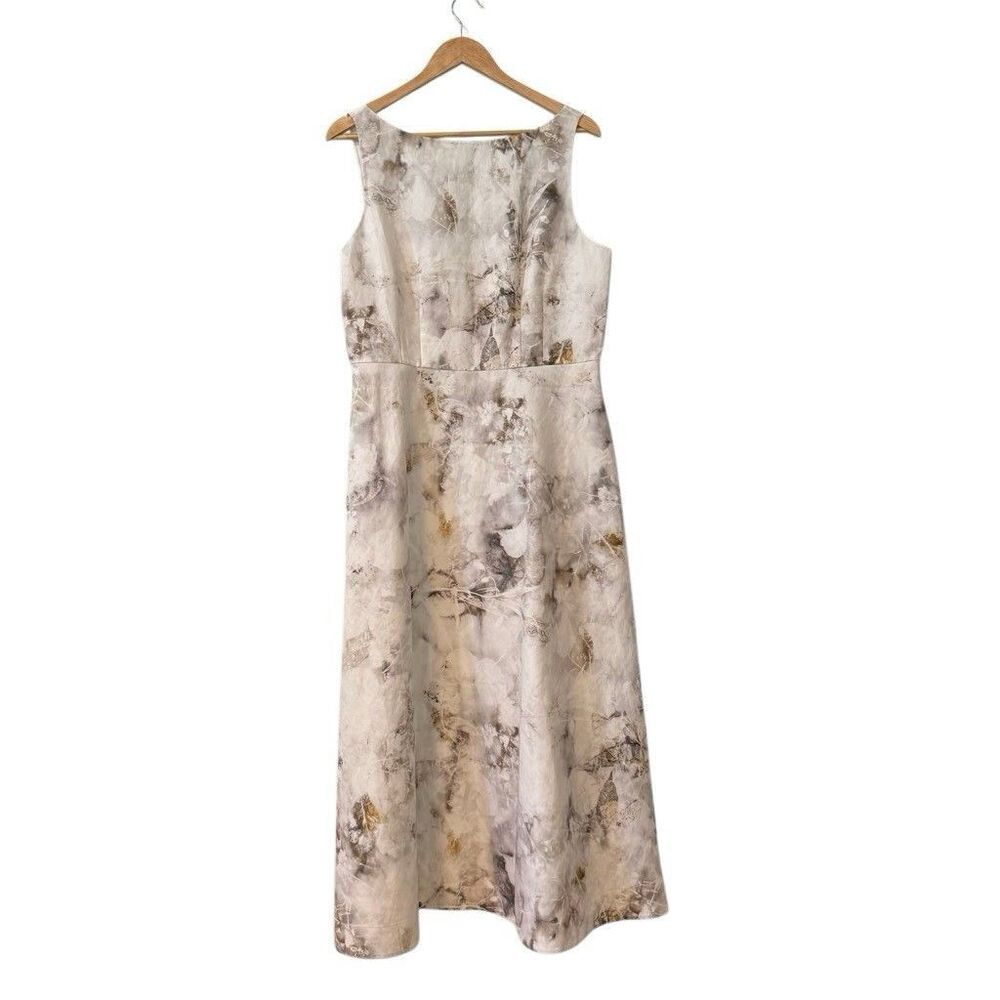 NWT Lafayette 148 New York Leaves Print Bateau Neck Silk & Linen Dress Sz 10 US